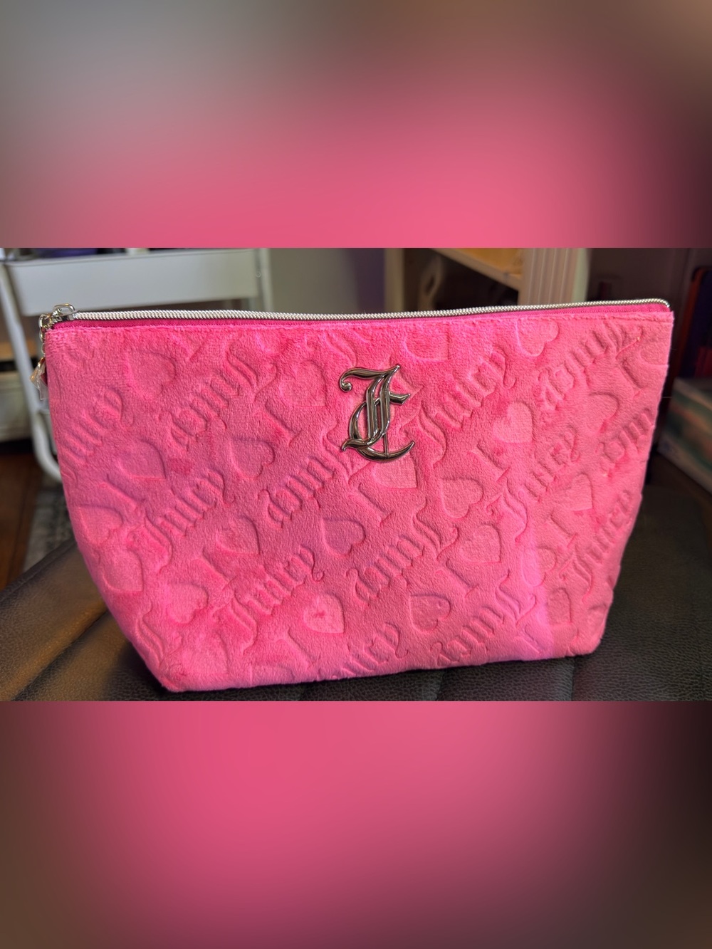 Juicy Couture Hot Pink Embossed Heart Makeup Travel Bag